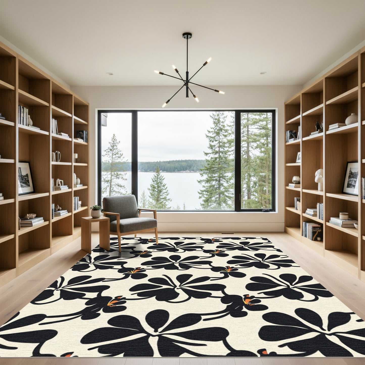 Bold Black Orchid Floral Pattern Rug