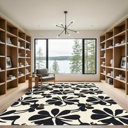 Bold Black Orchid Floral Pattern Rug