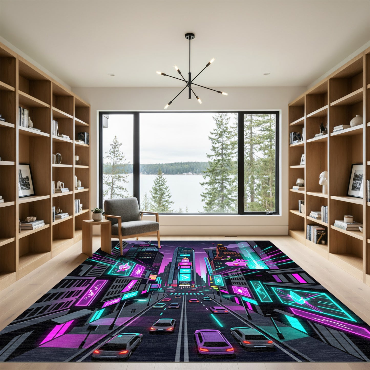 Neon Cyber Orchard Orchid Cityscape Rug