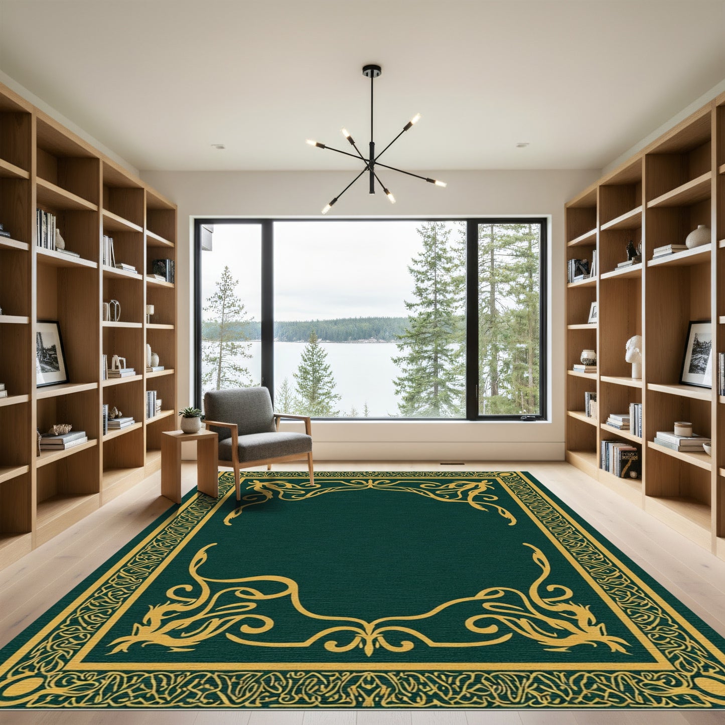 Deep Green Golden Arabesque Frame Rug