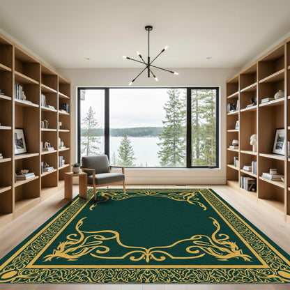 Deep Green Golden Arabesque Frame Rug