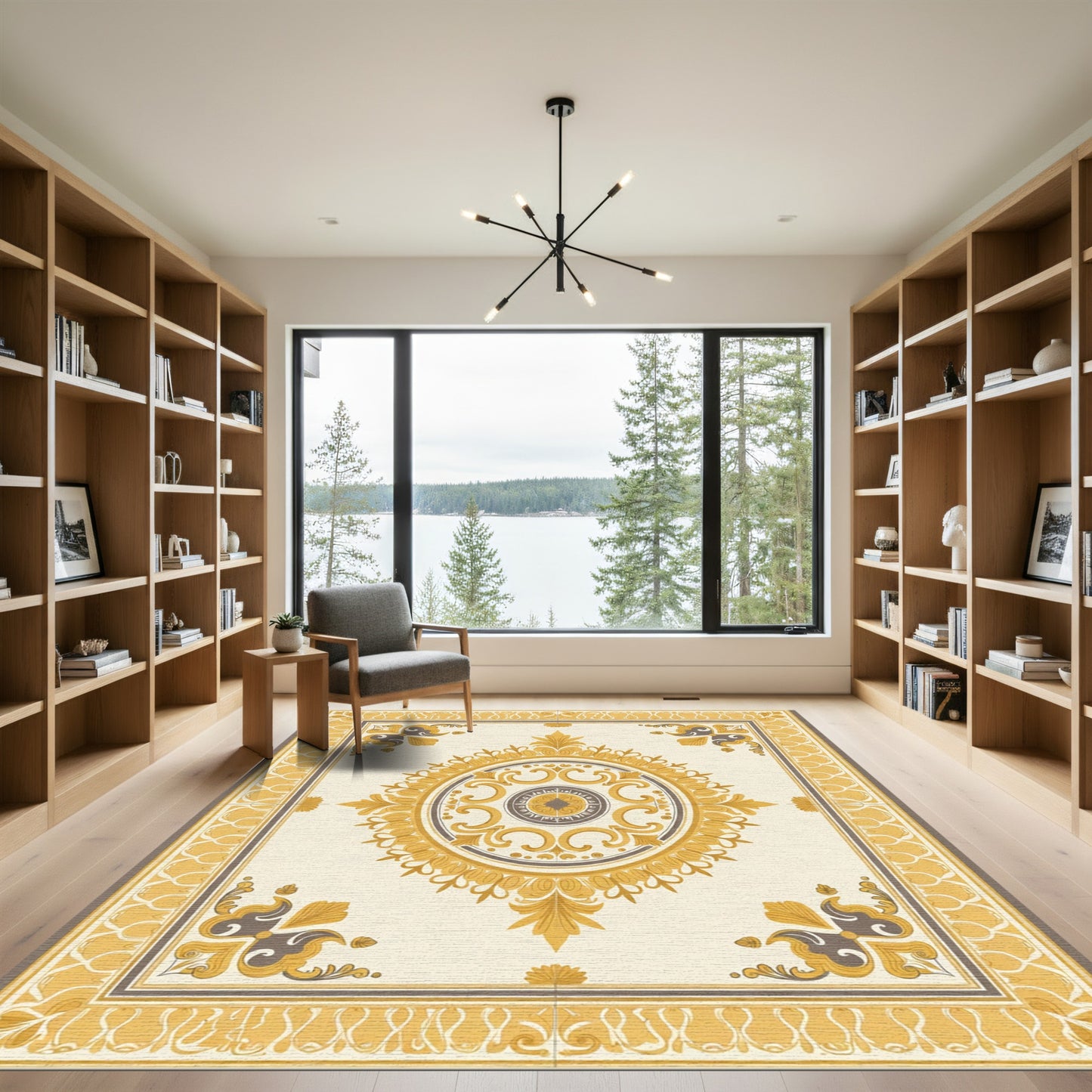 Golden Yellow Ivory Medallion Border Rug