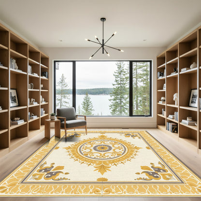 Golden Yellow Ivory Medallion Border Rug