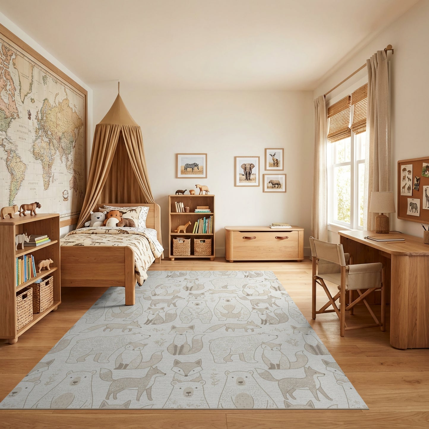 Whimsical Beige Fox Polar Bear Rug