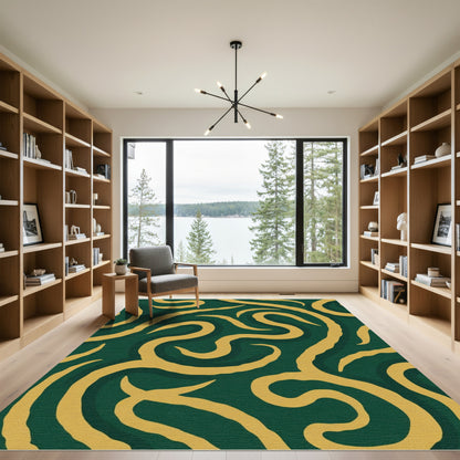 Deep Teal Swirling Gold Abstract Rug