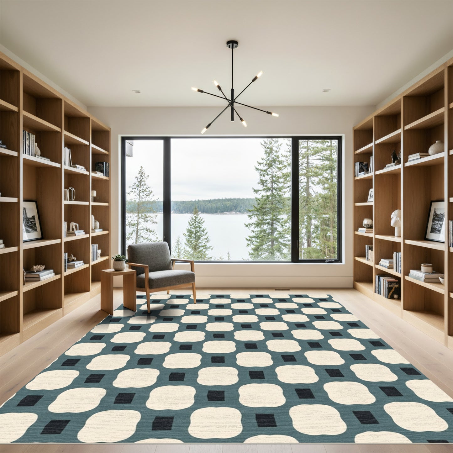 Off-White Teal Interlocking Squares Rug