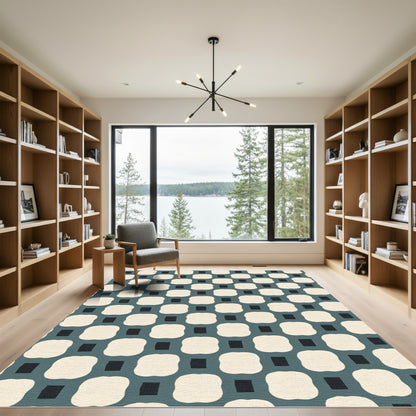 Off-White Teal Interlocking Squares Rug