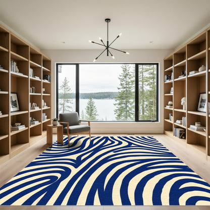 Navy Blue Cream Swirl Lines Rug
