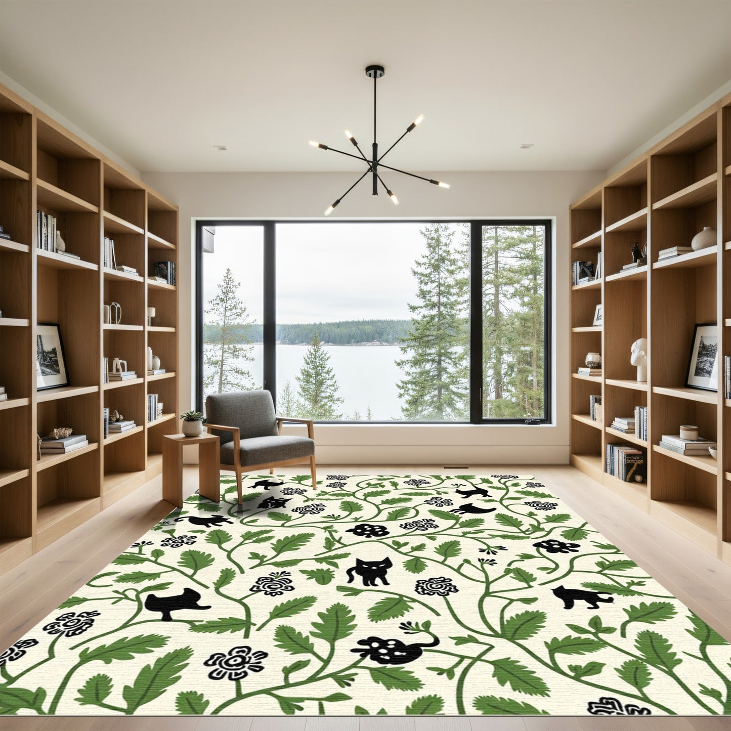 Black Cats Green Vines Floral Garden Rug