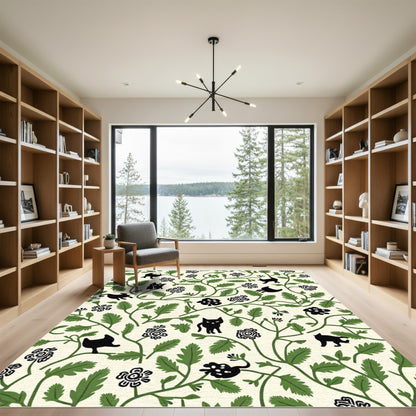 Black Cats Green Vines Floral Garden Rug
