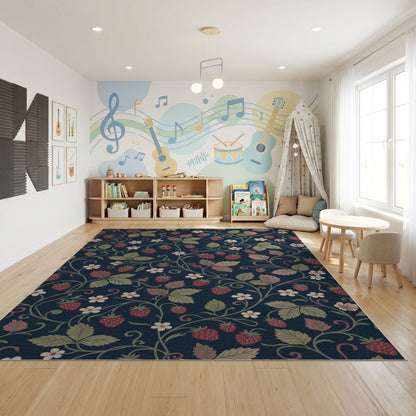 Navy Strawberry Vine Leaf Whimsical Rug