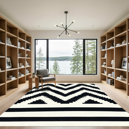 Bold Black White Zigzag Geometric Rug