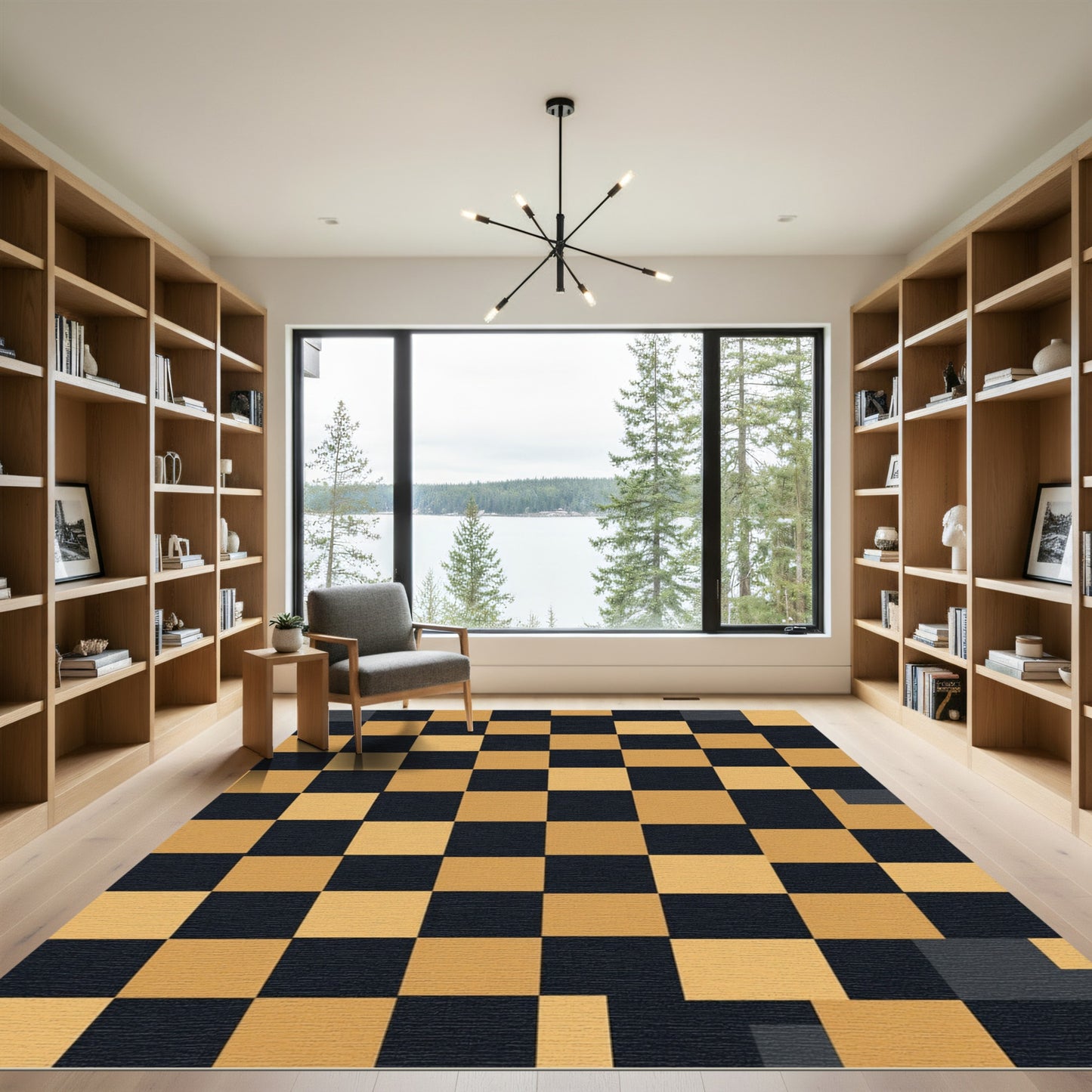 Modern Tan Black Checkerboard Squares Rug