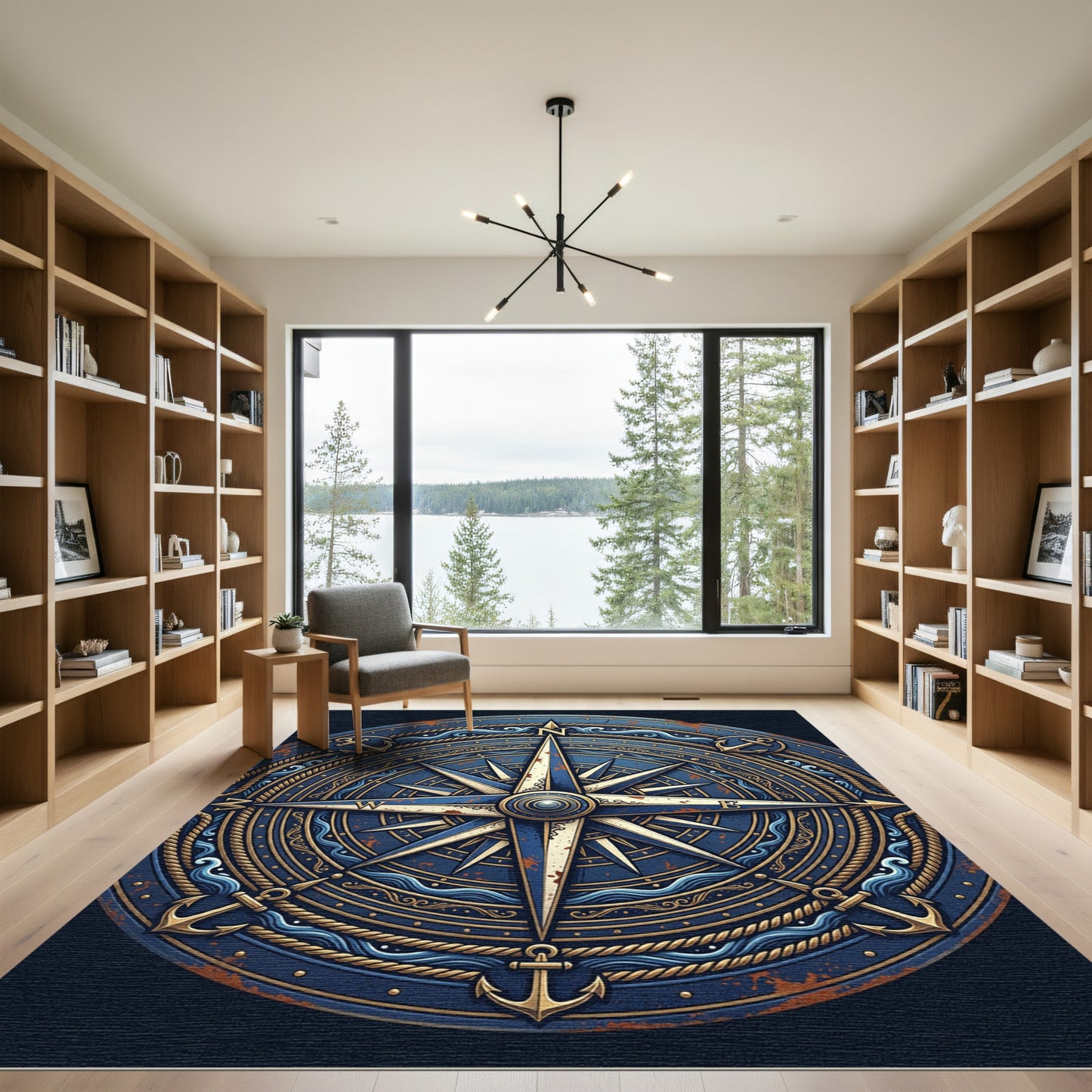 Nautical Compass Navy and Gold Medallion Rug