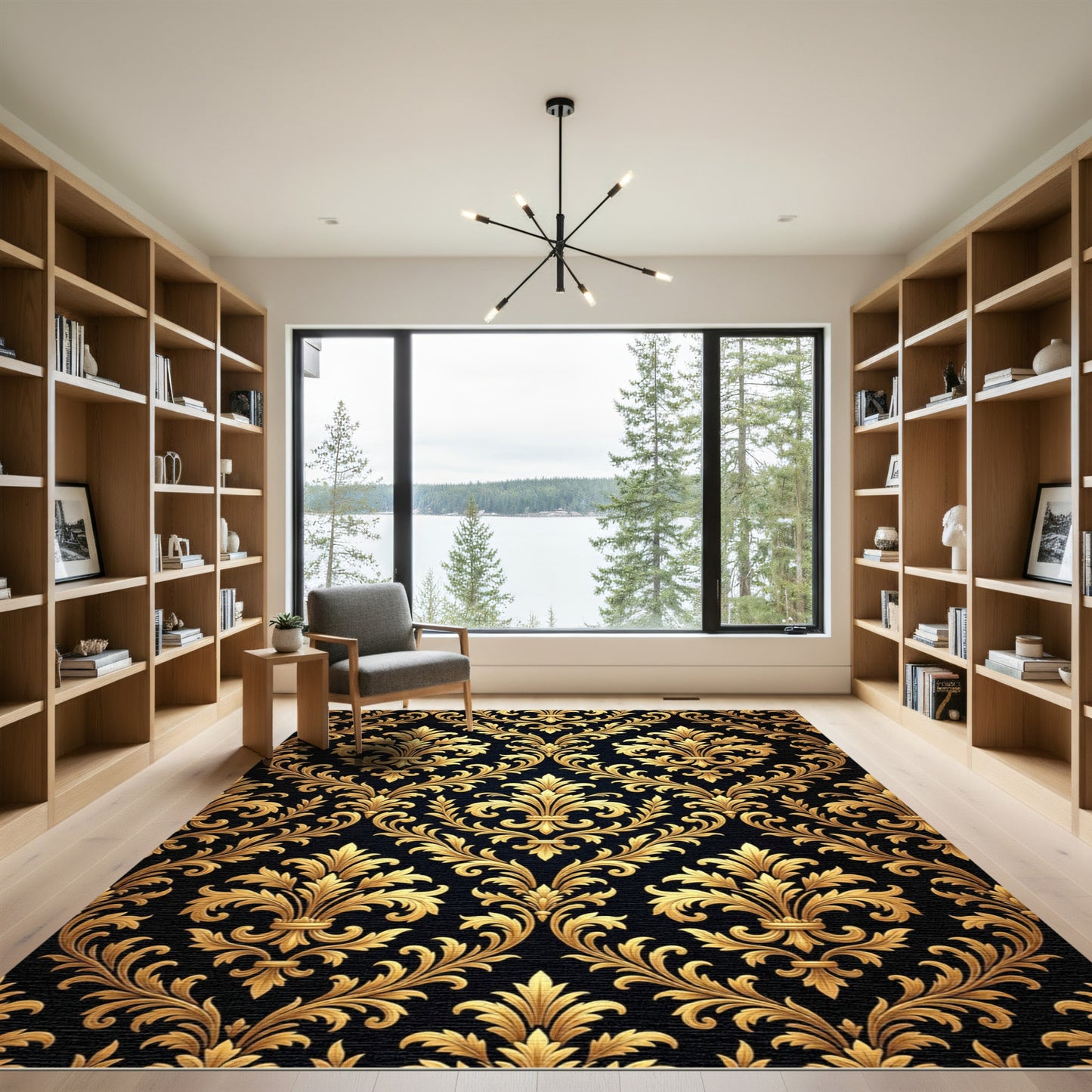 Luxurious Gold Floral Damask Filigree Rug