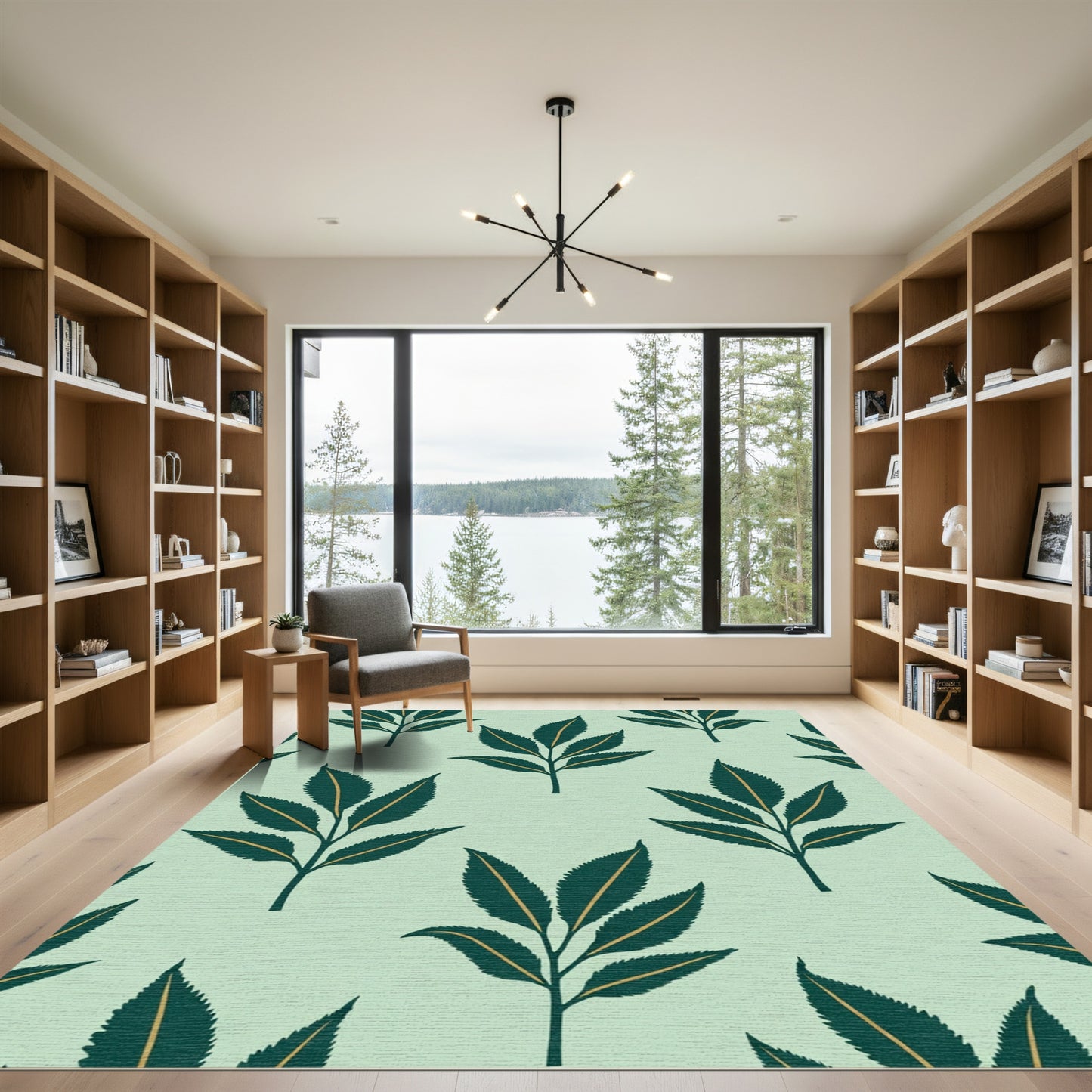 Teal Green Leaf Branches Mint Background Rug