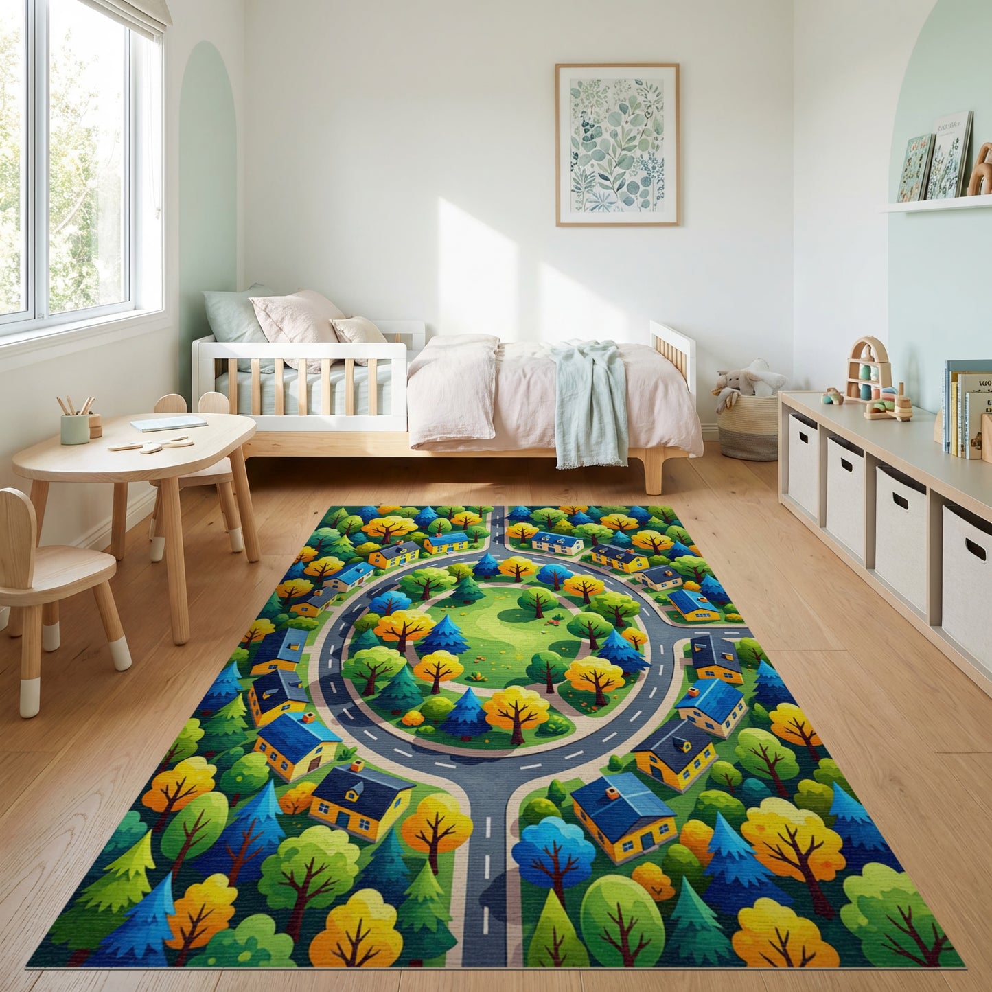 Vibrant Autumn Village Roundabout Trees Rug