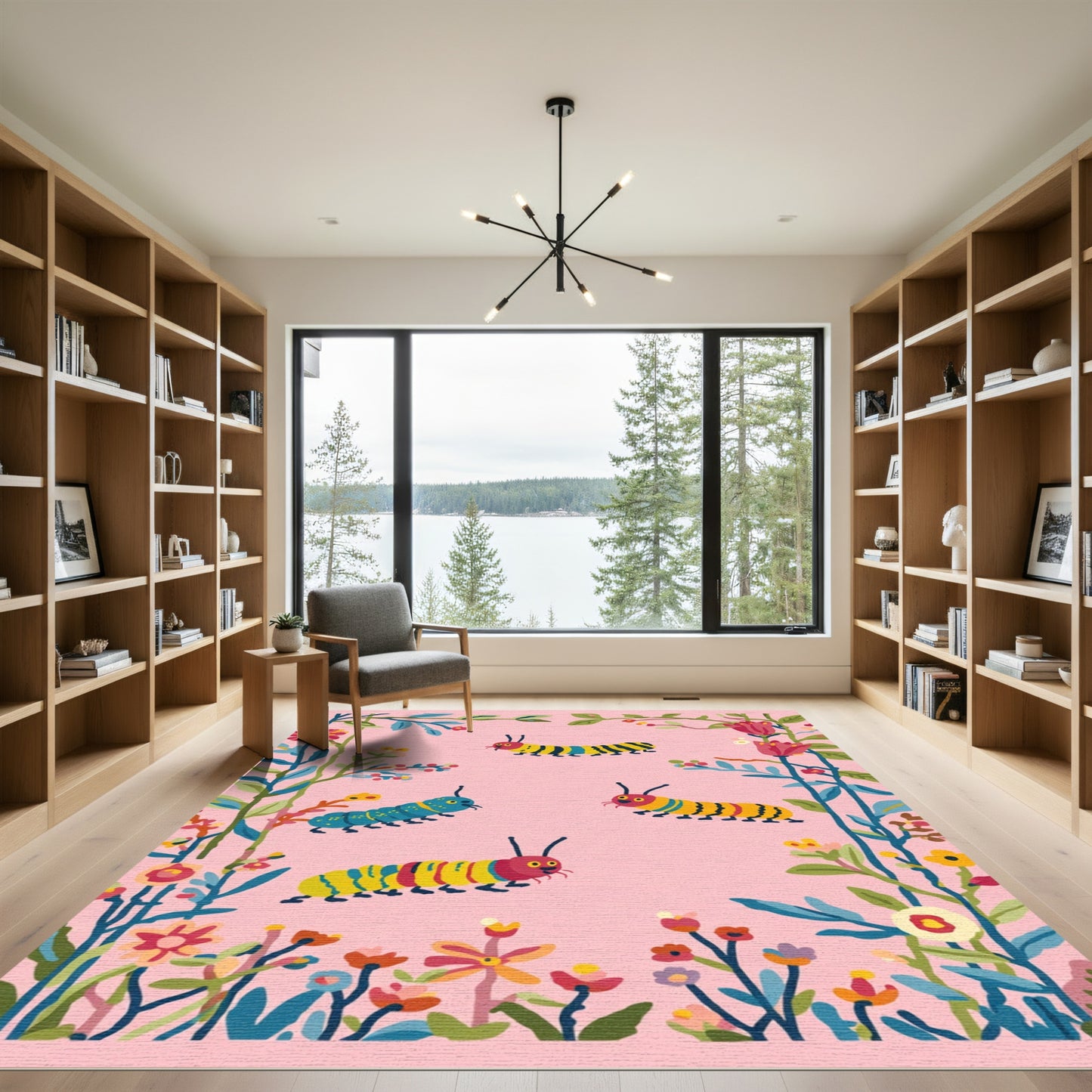 Whimsical Colorful Caterpillar Floral Border Rug