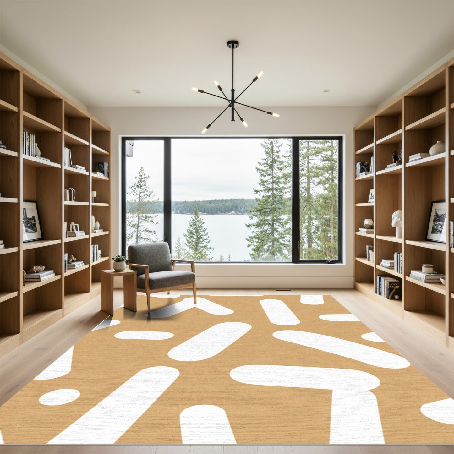 Brown White Abstract Shapes Rug