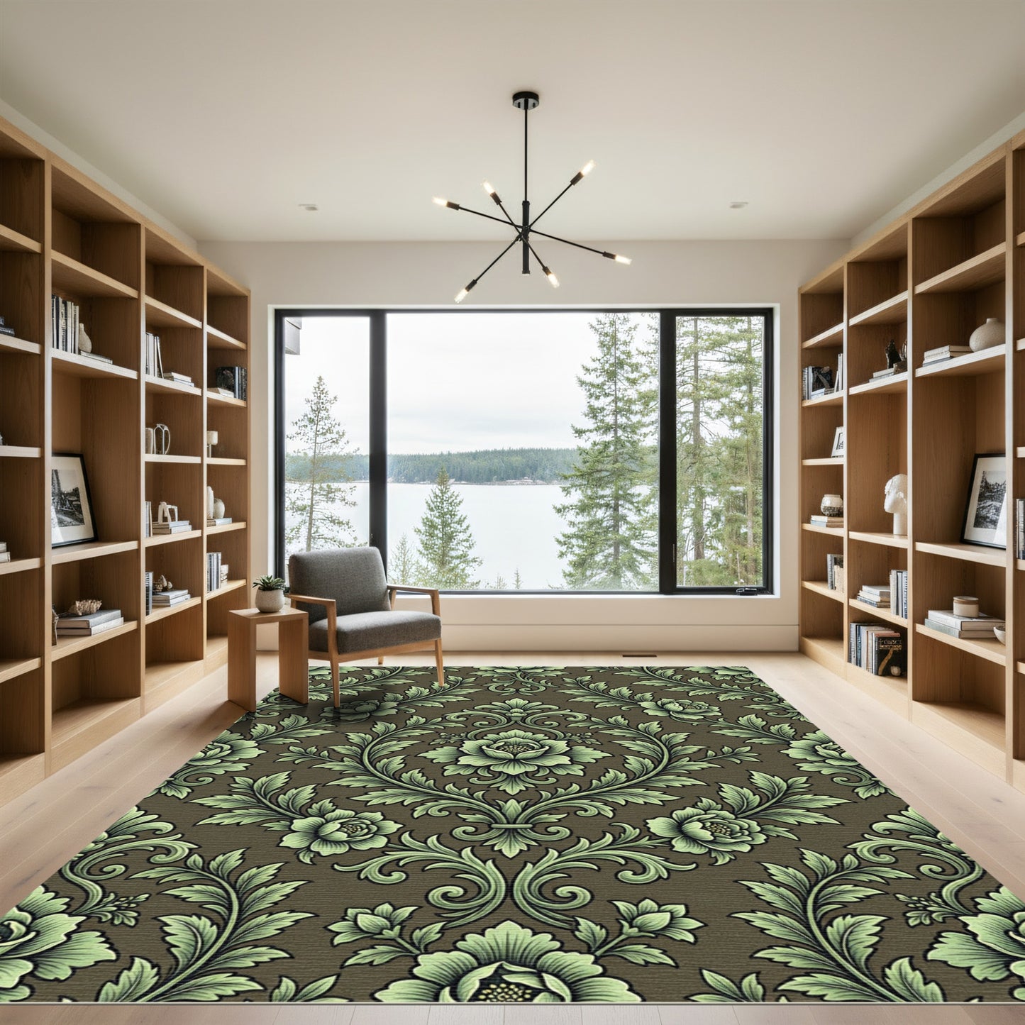 Elegant Sage Green Damask Floral Scroll Rug