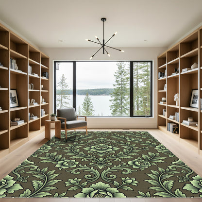 Elegant Sage Green Damask Floral Scroll Rug