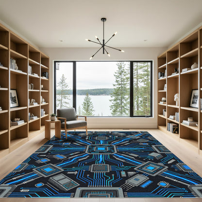 Neon Cybernetic Circuitry Glow Tech Grid Rug