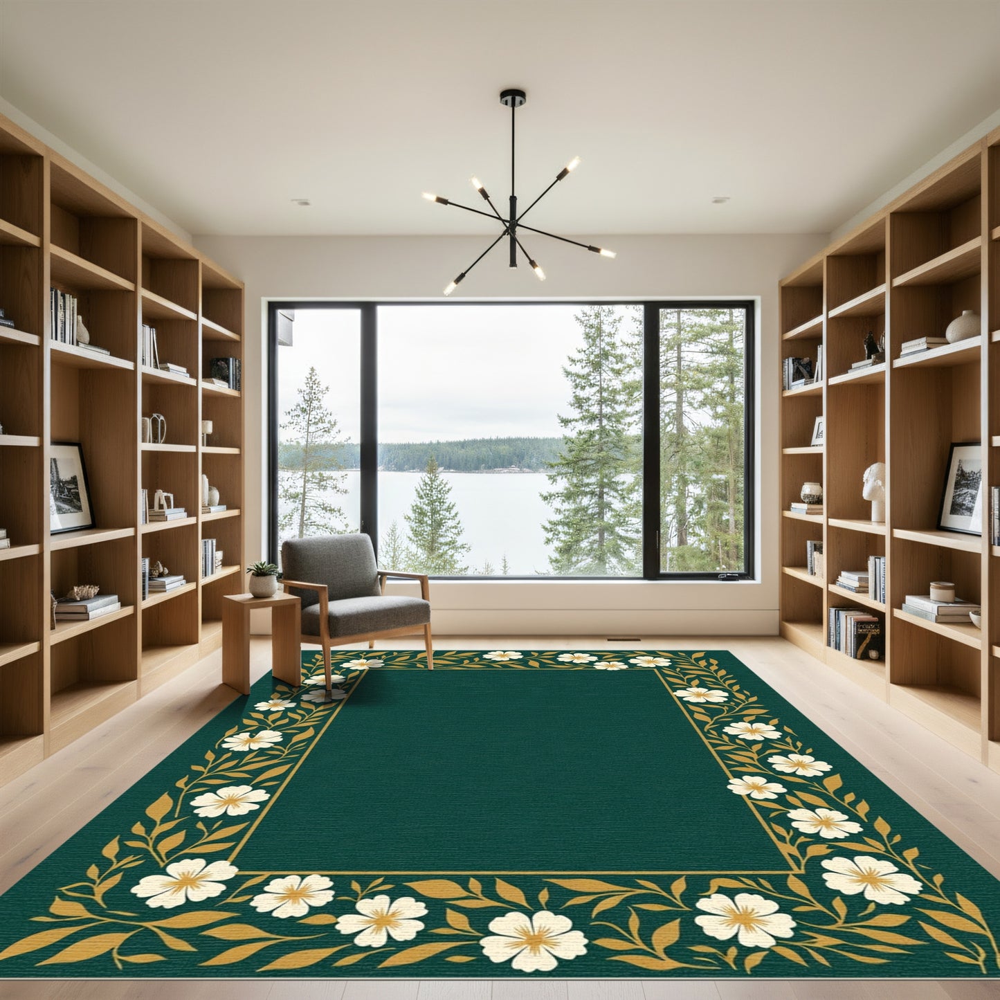 Emerald White Floral Vine Border Rug