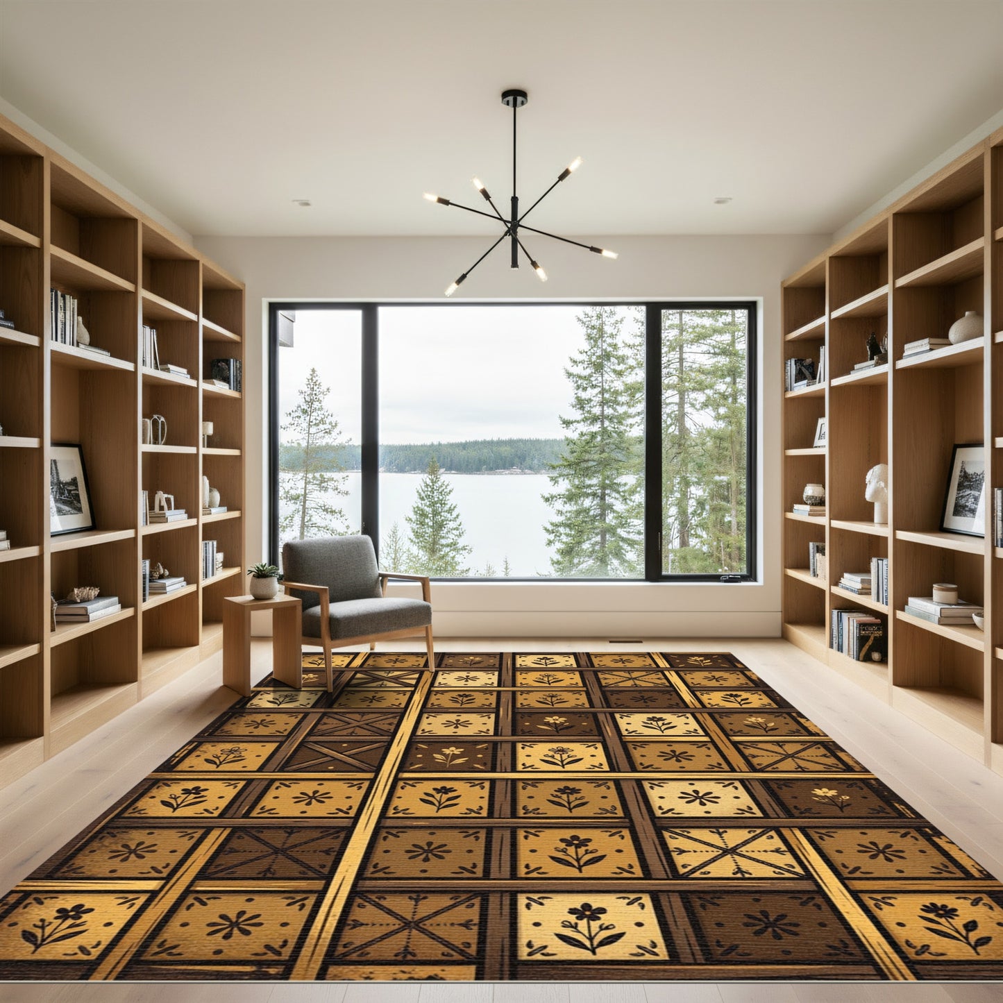 Sepia Floral Grid Apothecary Art Tile Rug