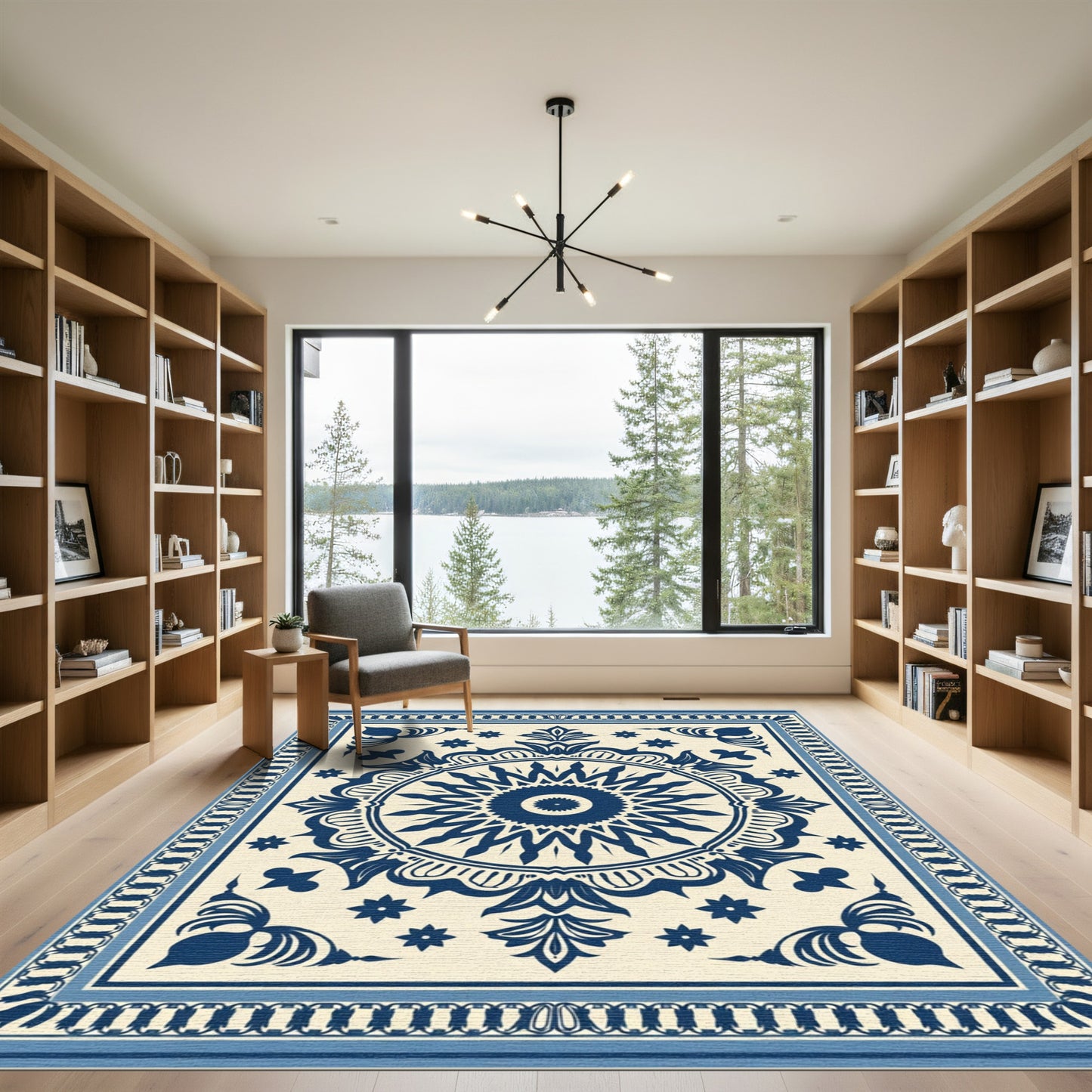 Navy White Floral Medallion Mandala Rug
