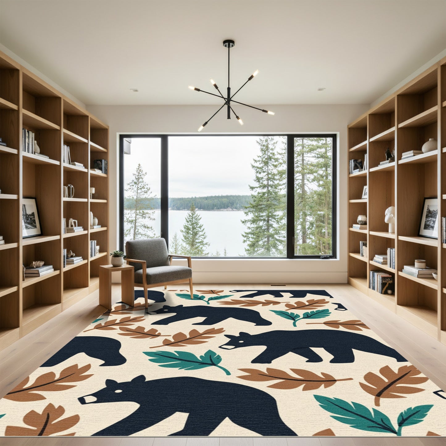Rustic Black Bear Forest Leaves Rug