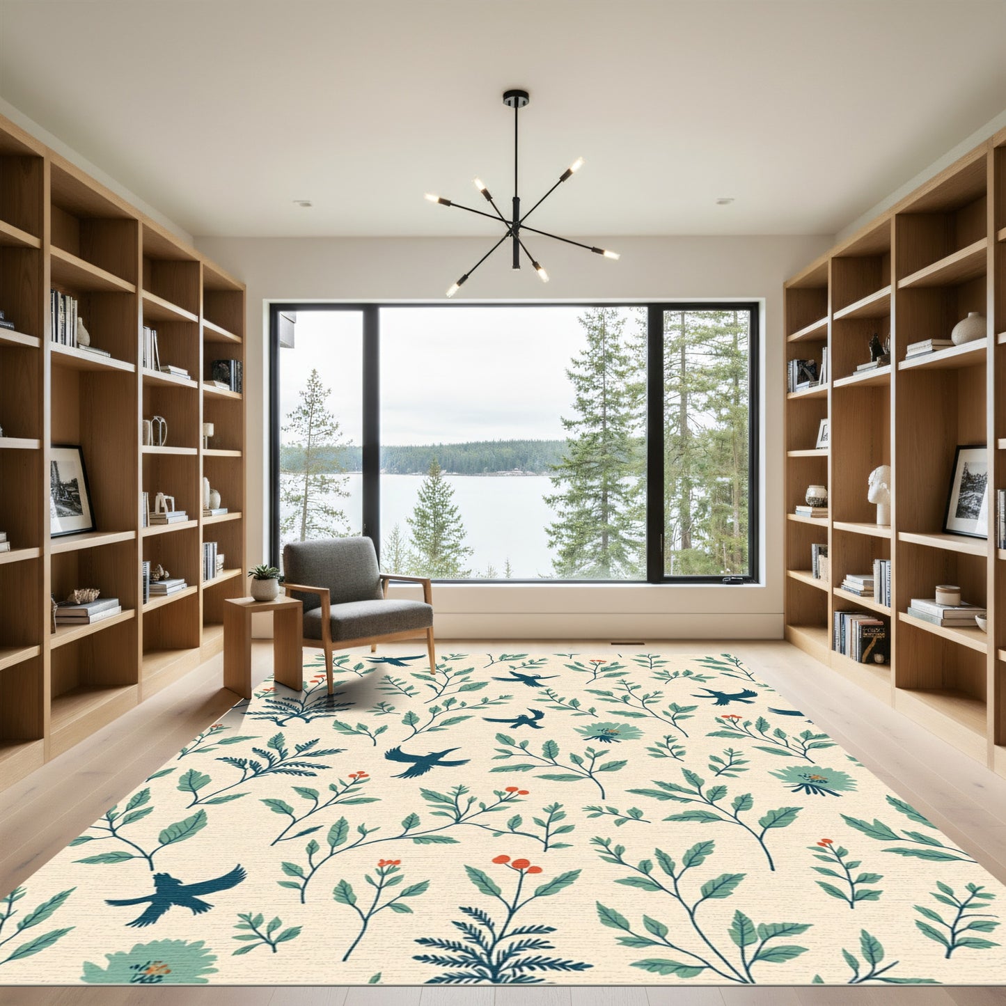 Dark Teal Birds Green Foliage Berries Rug