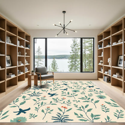 Dark Teal Birds Green Foliage Berries Rug
