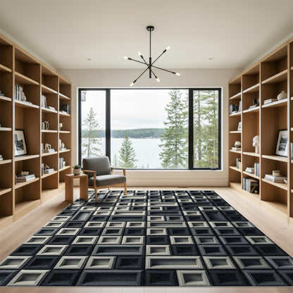 Monochrome Geometric Grid Recessed Squares Rug