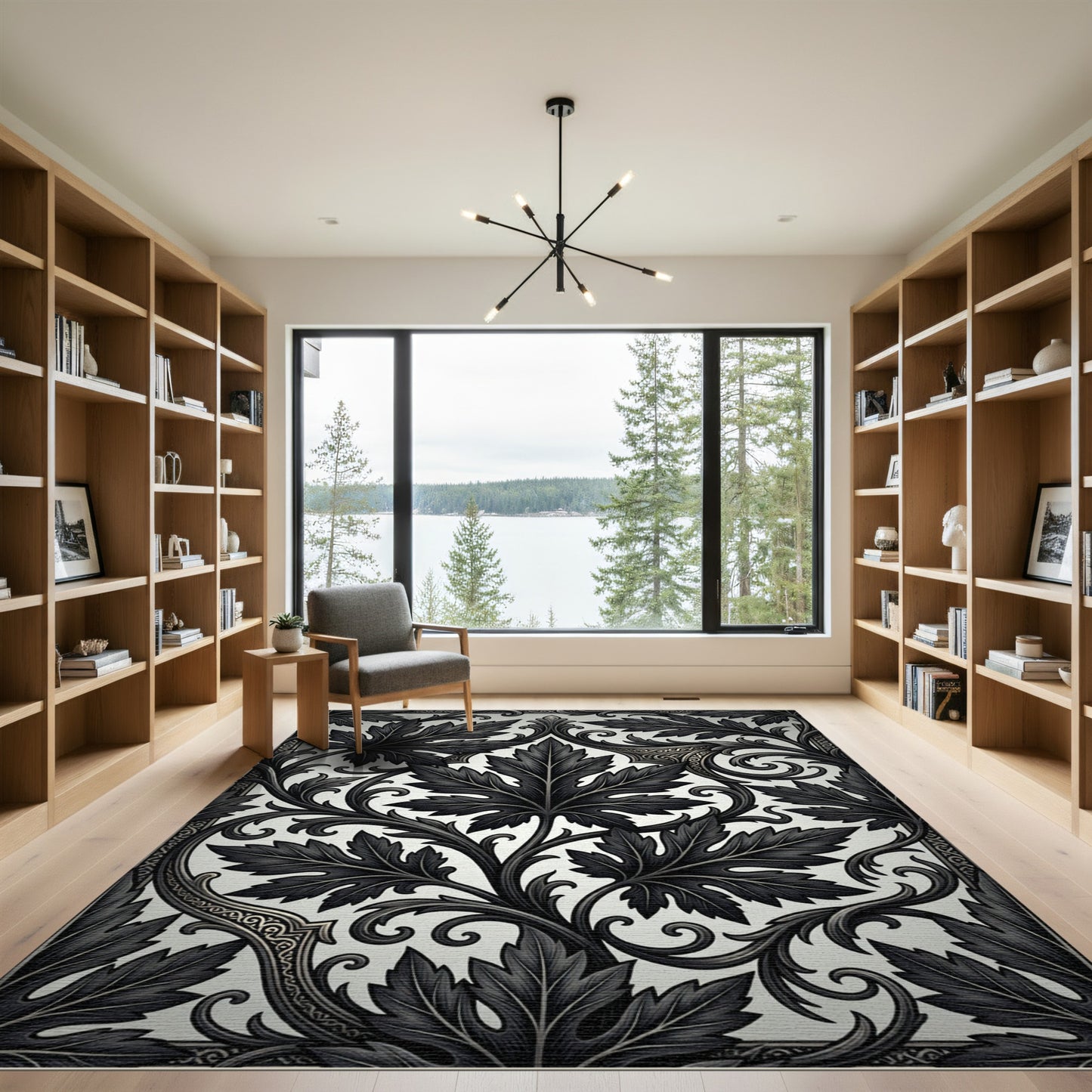 Intricate Black Acanthus Leaf Scrollwork Rug
