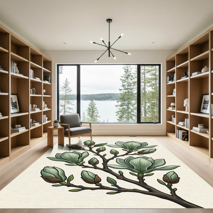 Subtle Green Magnolia Branch Illustration Rug