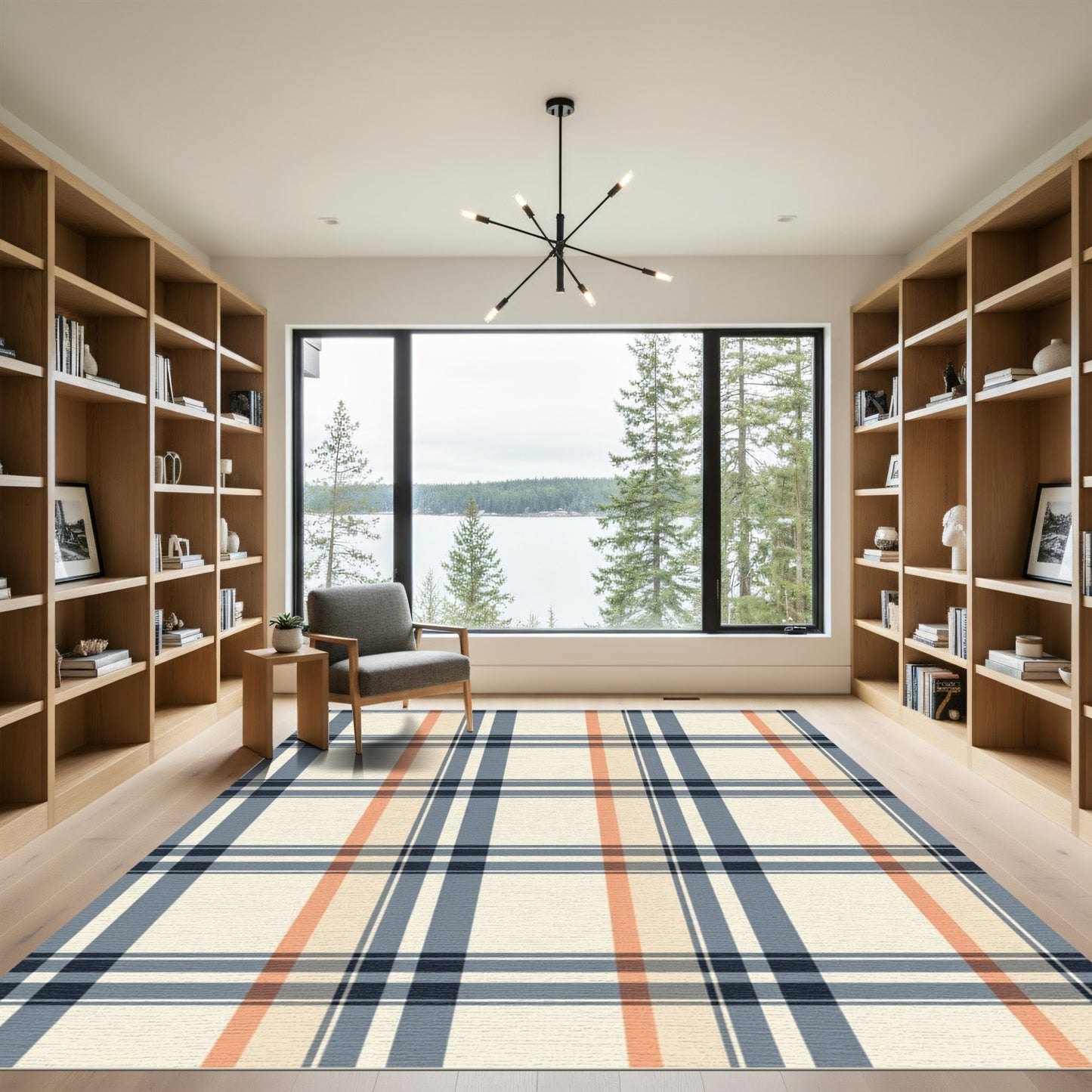 Cream Blue Coral Plaid Lines Rug