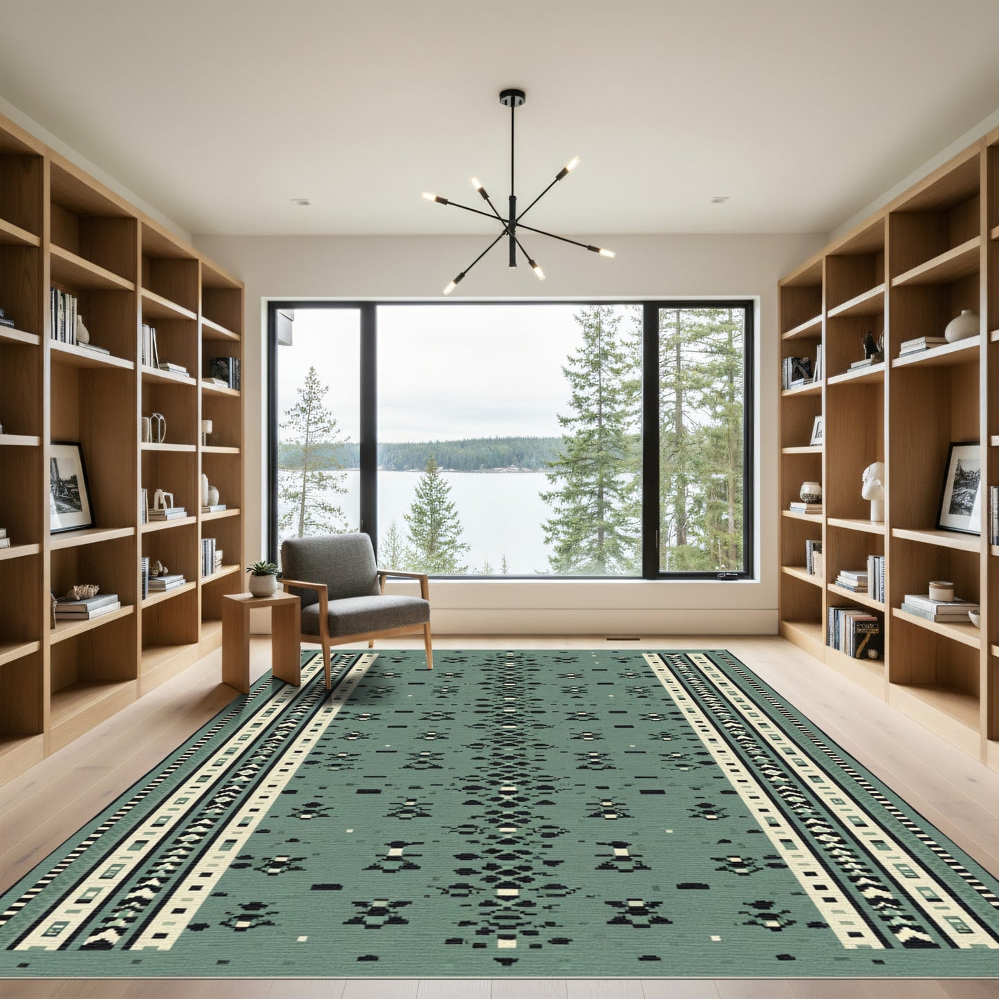 Retro Teal Geometric Border Rug
