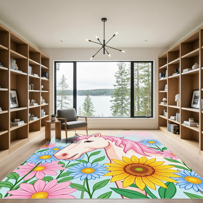 Pink Unicorn Meadow Floral Garden Rug