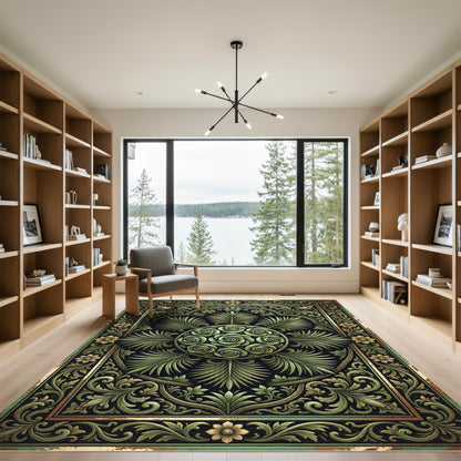 Ornate Emerald Rose Botanical Medallion Rug