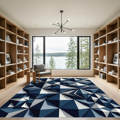 Modern Navy White Geometric Prism Grid Rug