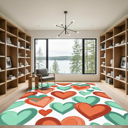 Whimsical Brushed Peach and Teal Hearts Rug