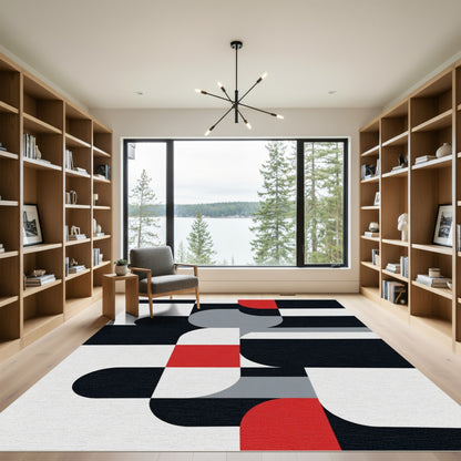 Modern Red Black White Geometric Abstraction Rug