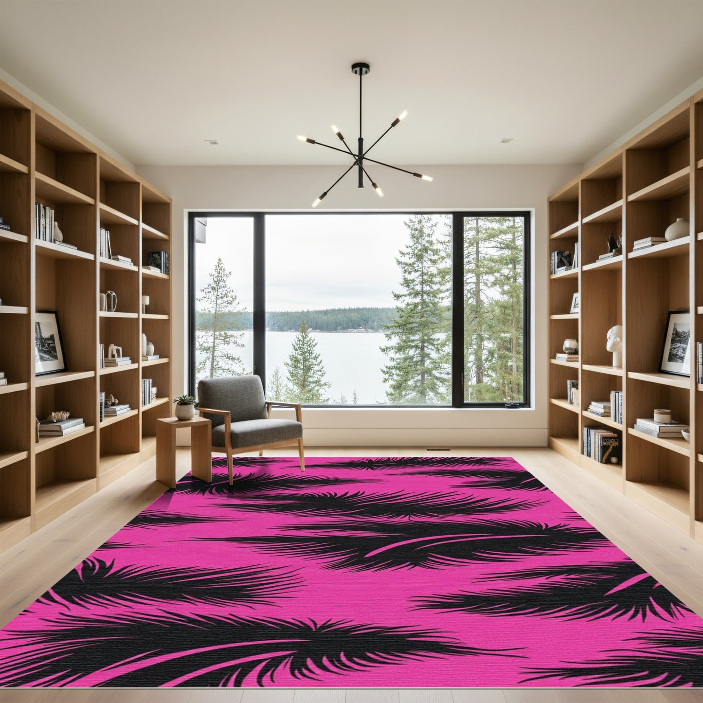 Pink Black Feathered Jungle Print Rug
