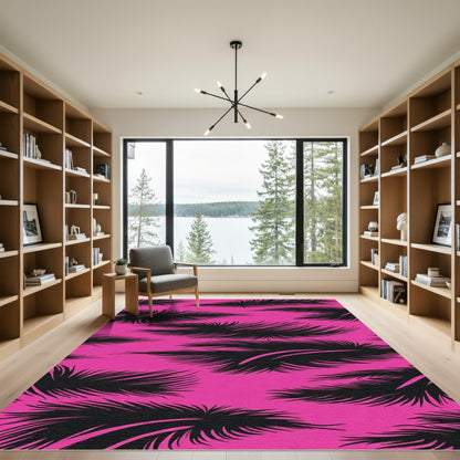 Pink Black Feathered Jungle Print Rug