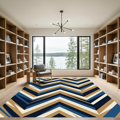 Modern Navy and Gold Geometric Chevron Rug