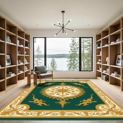 Ornate Gold Griffin Emerald Medallion Rug