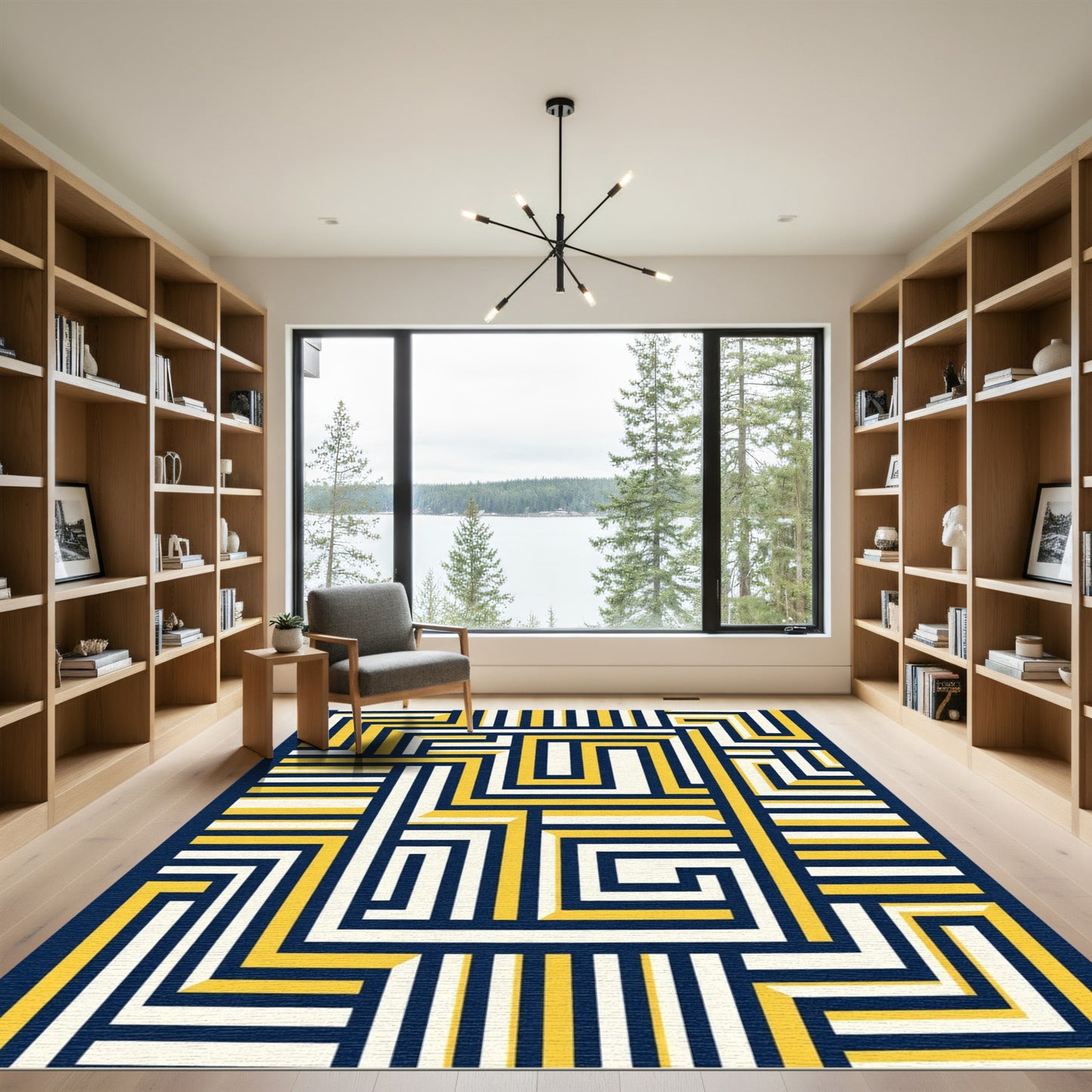 Navy Yellow White Geometric Labyrinth Rug
