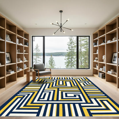 Navy Yellow White Geometric Labyrinth Rug