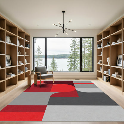 Crimson Red Gray Geometric Blocks Rug