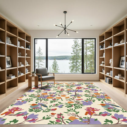 Red Blue Orange Bird Floral Garden Rug